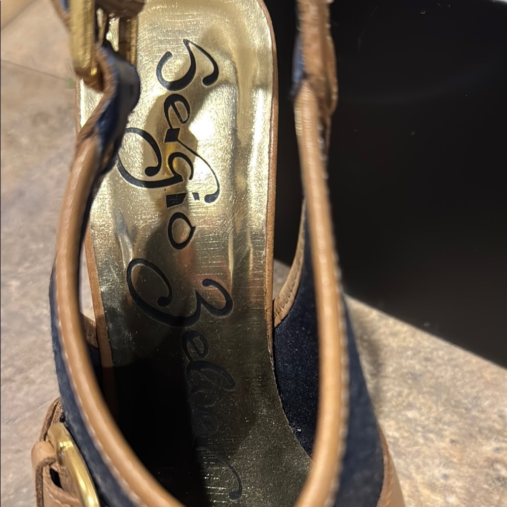 Sergio Zelcer Blue and Tan Platform Peep-Toe Heels EUC - Picture 2 of 4
